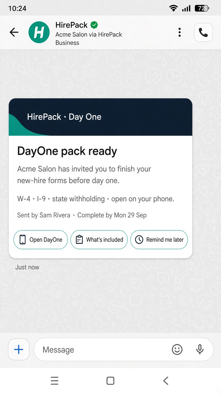 RCS DayOne invite card on a phone — Open DayOne, What’s included, Remind me later